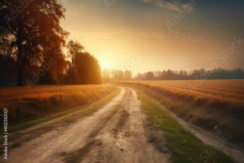 Road leads to a field as the sun rises. Generative AI