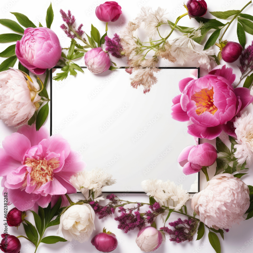 Frame from peonies on a white background