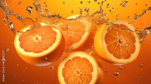 Slices of orange falling into water with splash on orange background - made with generative AI