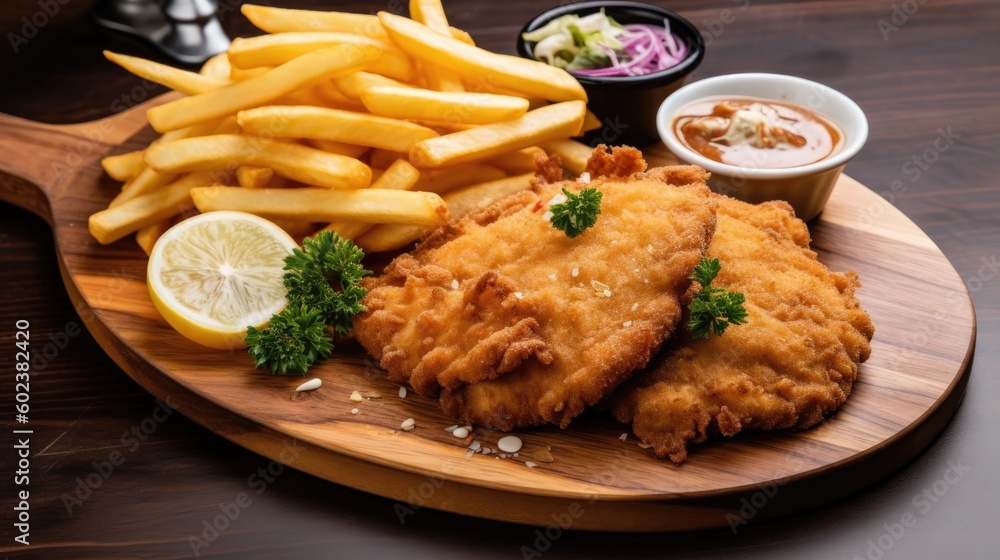 Schnitzel with french fries, salad and tartar sauce - made with generative AI Schnitzel with french fries, salad and tartar sauce - made with generative AI