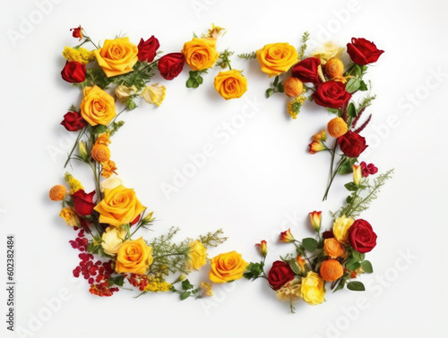 A frame of small red and yellow roses on a white background for greeting card design