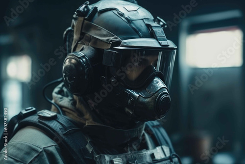 Sci-fi Battle Movie-Style dogma warrior in tactical police gear. Generative AI