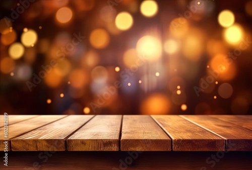 rustic wooden table with dim light on blurred background, generative ai