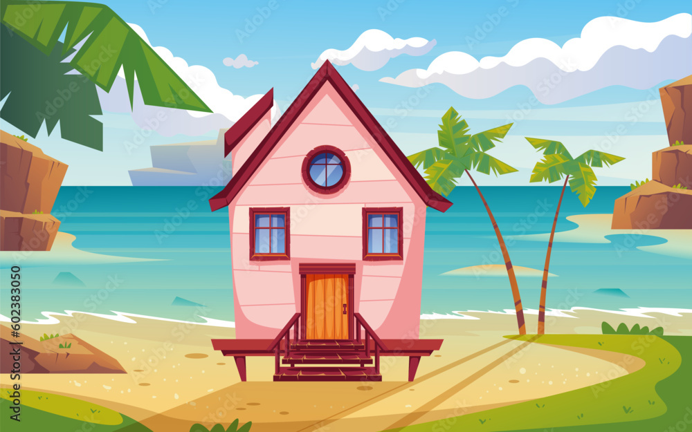Obraz premium Island lake sea house city beach landscape town hotel resort concept. Vector graphic design illustration 