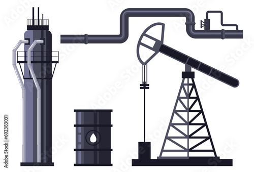 Oil gas pipeline industry factory petrol tank production isolated set. Vector graphic design illustration