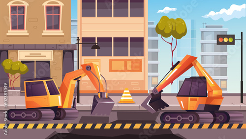 Road city works asphalt replacement excavate industry digger machine concept. Vector graphic design illustration element