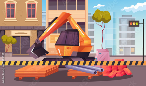 Road city works asphalt replacement excavate industry digger machine concept. Vector graphic design illustration element