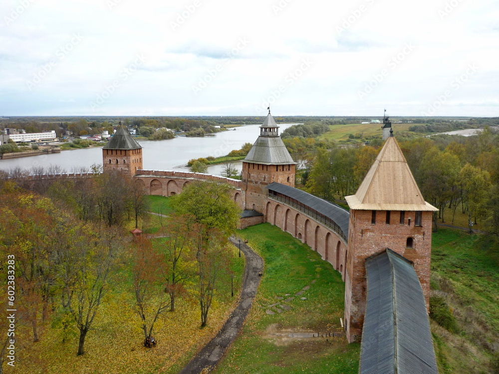 View from above on the towers and walls of the Novgorod Kremlin Detinets. Velikiy Novgorod.