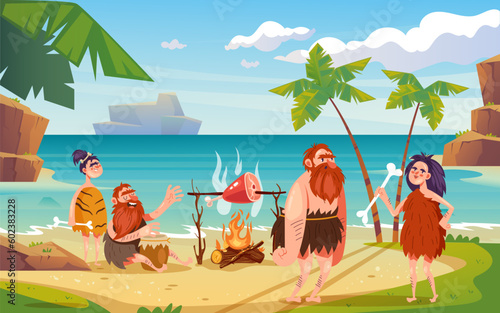 Cave man people village prehistoric primitive tribe village concept. Vector graphic design element illustration