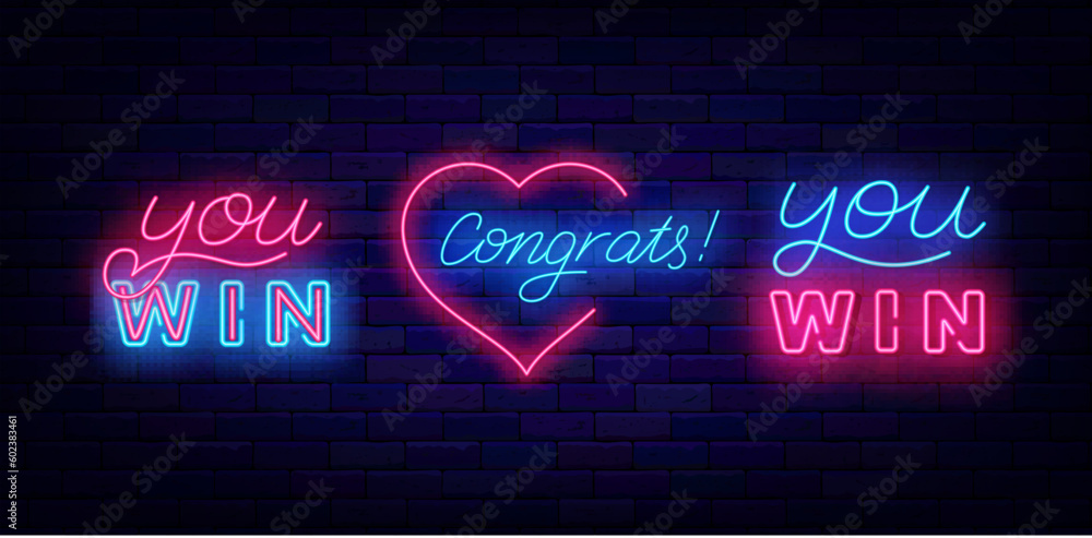 You win neon labels set. Congrats sign with heart frame. Handwritten text. Winnig and casino. Vector stock illustration You win neon labels set. Congrats sign with heart frame. Handwritten text. Winnig and casino. Vector stock illustration