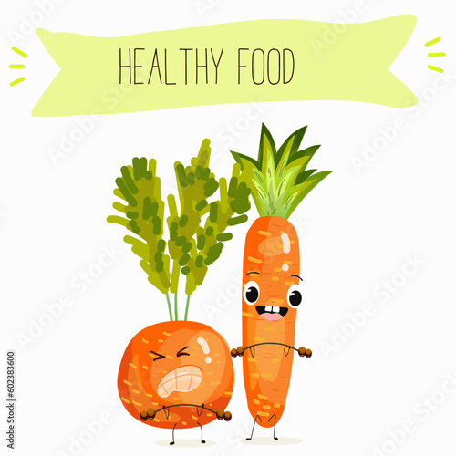 Illustration with funny vegetables characters  paris carrot, pectin,
 beta carotene, vegetarian, daucus carota, dutch carrot. Funny and healthy food. Vitamins, salad, cute face food, ingredients.