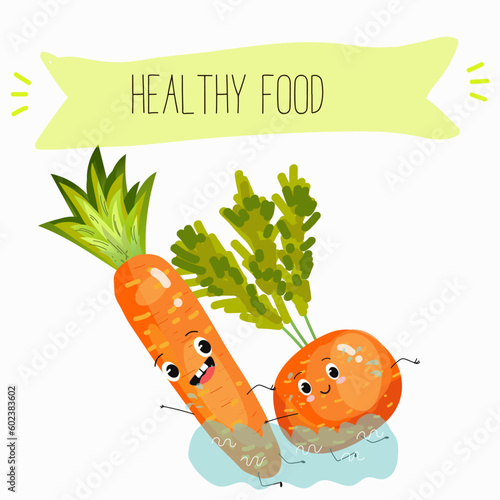 Illustration with funny vegetables characters  paris carrot, pectin,
 beta carotene, vegetarian, daucus carota, dutch carrot. Funny and healthy food. Vitamins, salad, cute face food, ingredients.