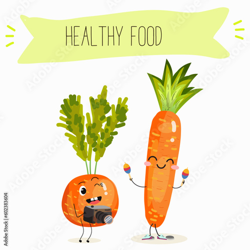 Illustration with funny vegetables characters  paris carrot, pectin,
 beta carotene, vegetarian, daucus carota, dutch carrot. Funny and healthy food. Vitamins, salad, cute face food, ingredients.