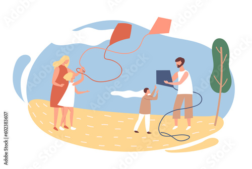 Flying kites on the beach, family