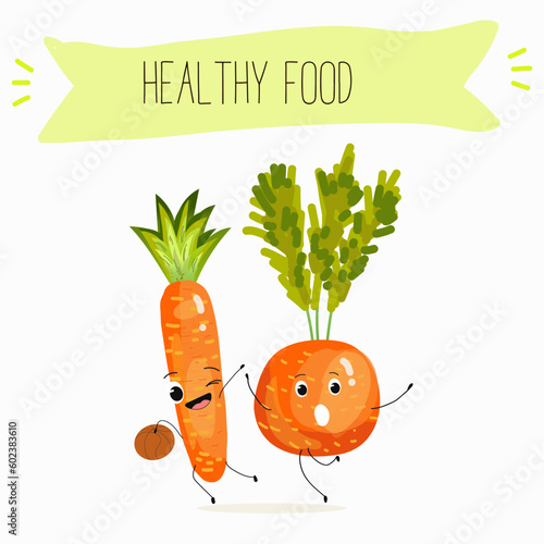 Illustration with funny vegetables characters  paris carrot, pectin,
 beta carotene, vegetarian, daucus carota, dutch carrot. Funny and healthy food. Vitamins, salad, cute face food, ingredients.