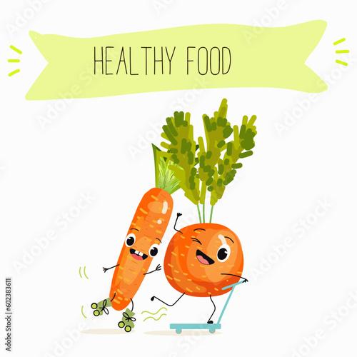 Illustration with funny vegetables characters  paris carrot, pectin,
 beta carotene, vegetarian, daucus carota, dutch carrot. Funny and healthy food. Vitamins, salad, cute face food, ingredients.