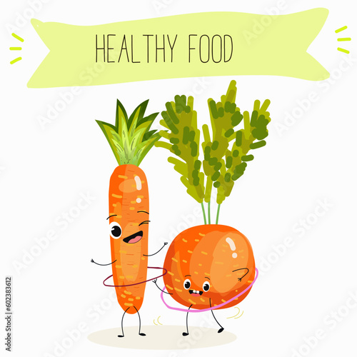Illustration with funny vegetables characters  paris carrot, pectin,
 beta carotene, vegetarian, daucus carota, dutch carrot. Funny and healthy food. Vitamins, salad, cute face food, ingredients.
