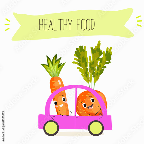 Illustration with funny vegetables characters  paris carrot, pectin,
 beta carotene, vegetarian, daucus carota, dutch carrot. Funny and healthy food. Vitamins, salad, cute face food, ingredients.