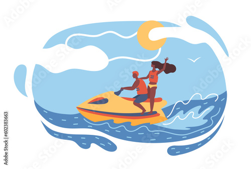People ride a water scooter on the sea, summer entertainment. Young African American couple are having fun at the sea.