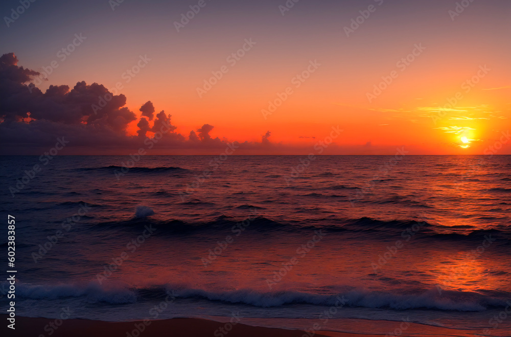 Beautiful sunrise on the beach. Colorful sky over the sea. Generative AI.