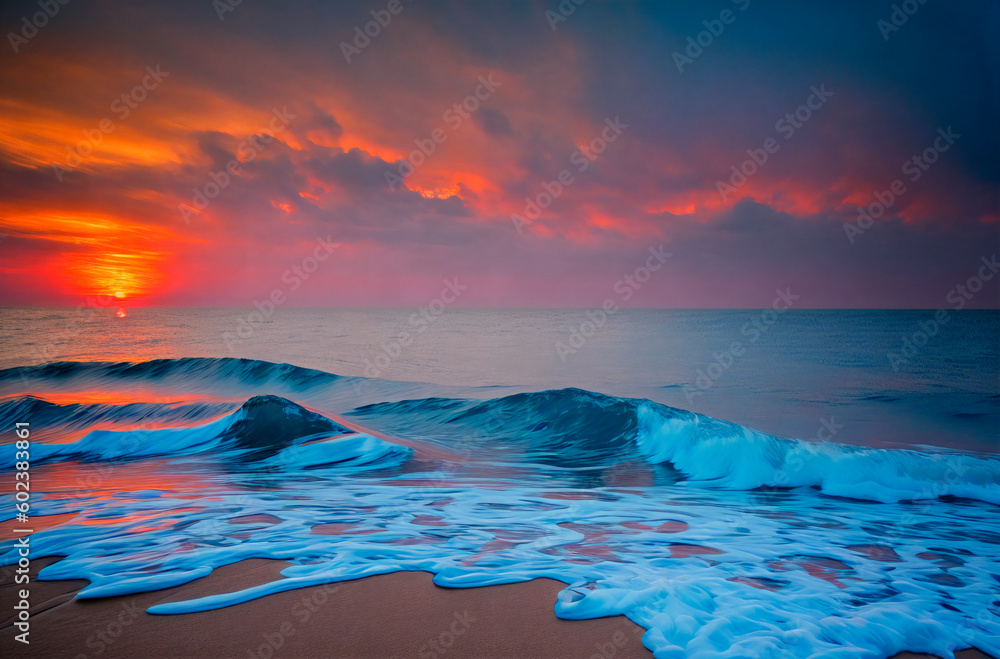 Obraz premium Beautiful sunrise on the beach. Colorful sky over the sea. Generative AI.