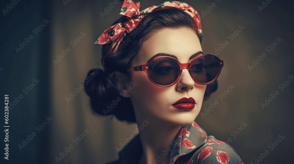 Retro stylefashion woman wearing trendy sunglasses. Pin up girl. Generative ai