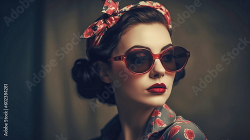 Retro stylefashion woman wearing trendy sunglasses. Pin up girl. Generative ai © CreativeImage