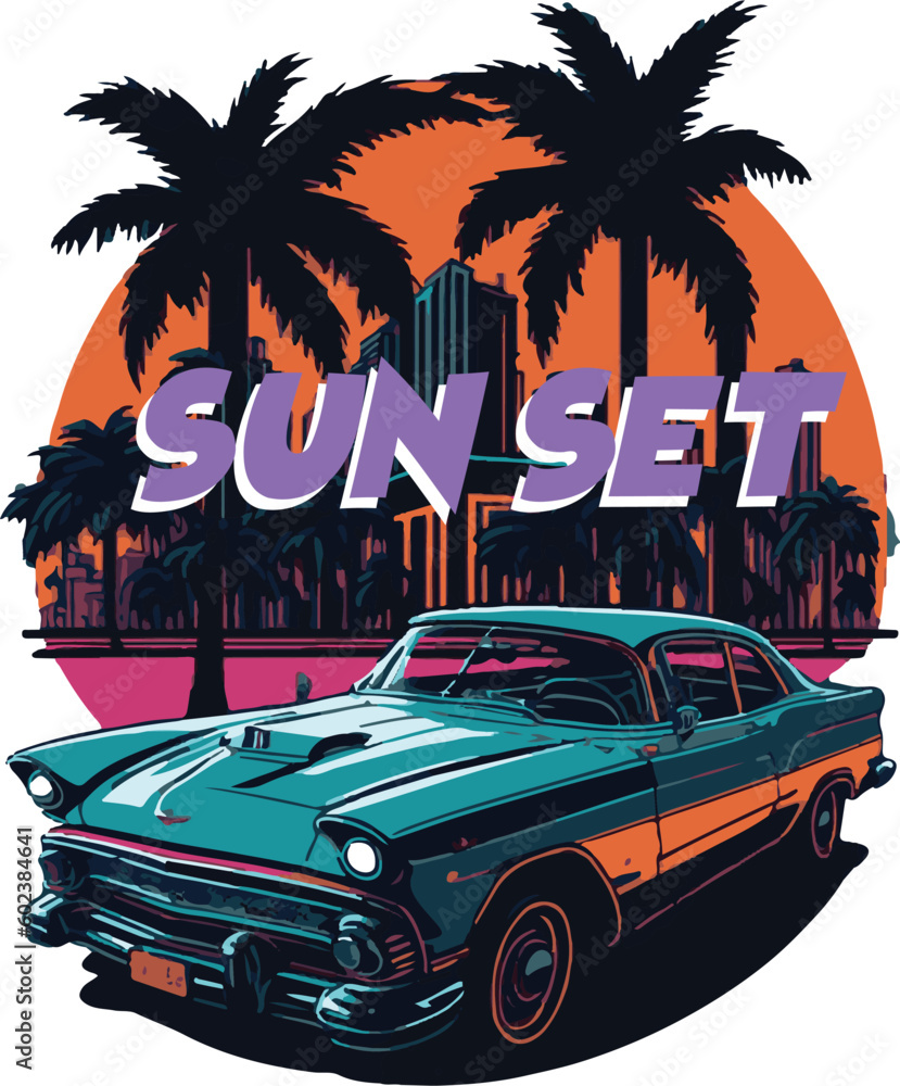 Sunset and Slogan Trend print. kids trend printer. car and palm trees