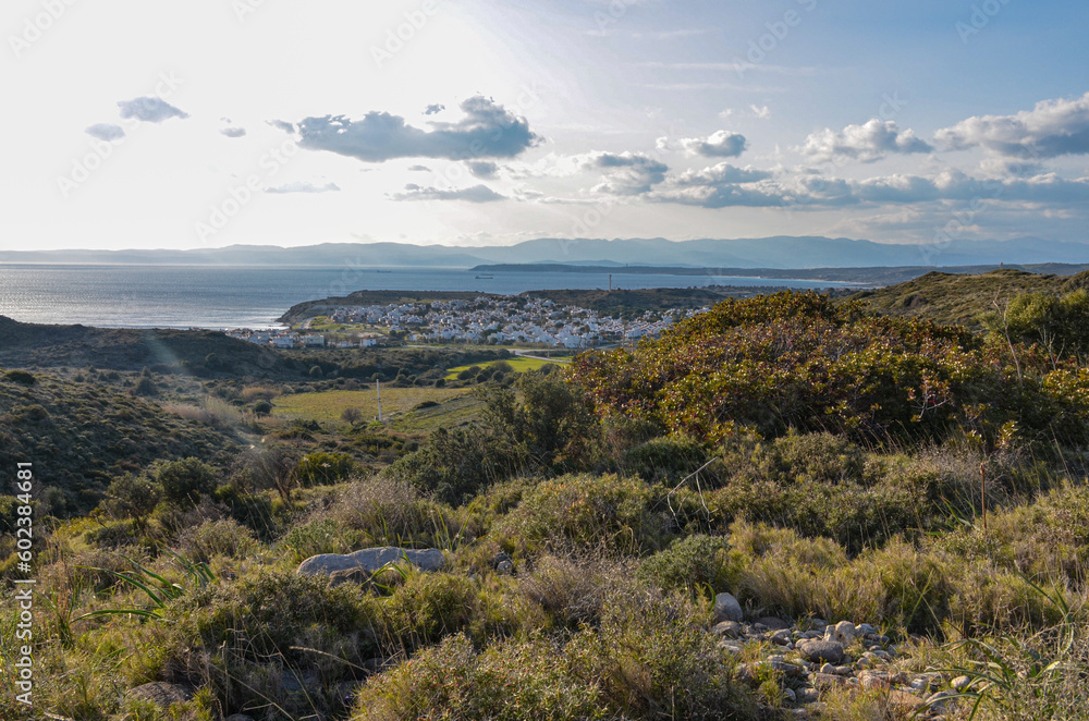 scenic view of Aegean sea and Chios Island from Ovacik (Cesme, Izmir province, Turkiye)