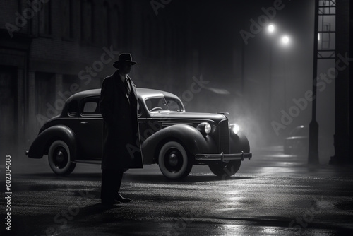 Film Noir Gangster Scene - Vintage Car and Man, Generative AI