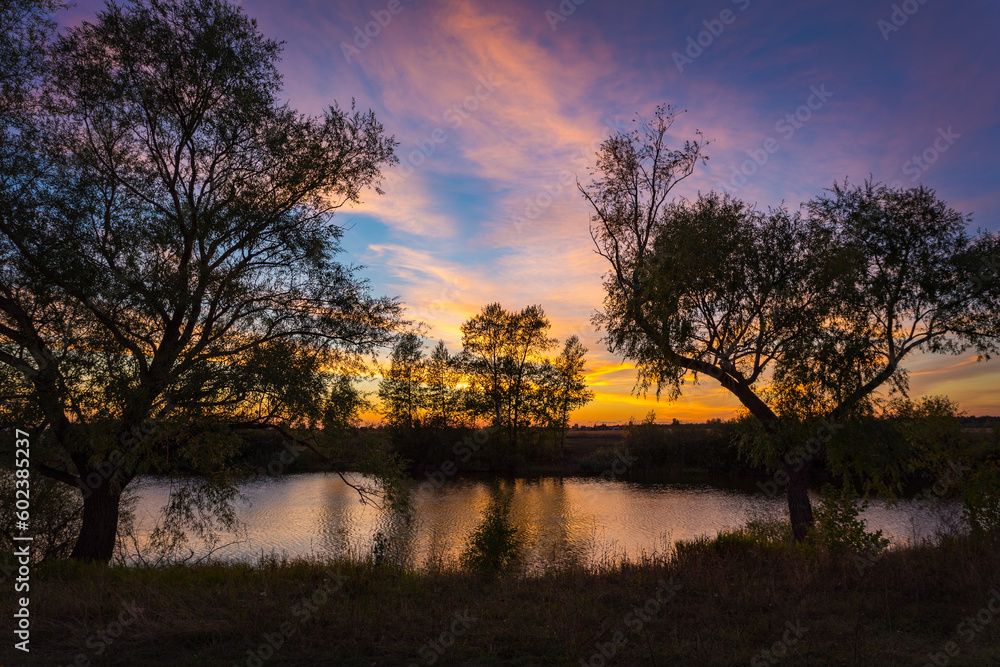 Fototapeta premium landscape of sunset with cloudy orange sky