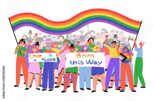 LGBTQ Pride parade people marching on street. Happy characters holding rainbow flags and placards with quote Born this way, Love is love. Pride month. Vector illustration