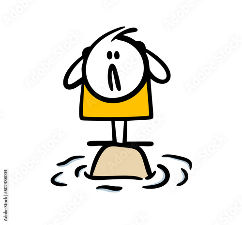 Doodle hand drawn frightened boy is standing on a hummock in the middle of the water. Vector illustration of a flood.