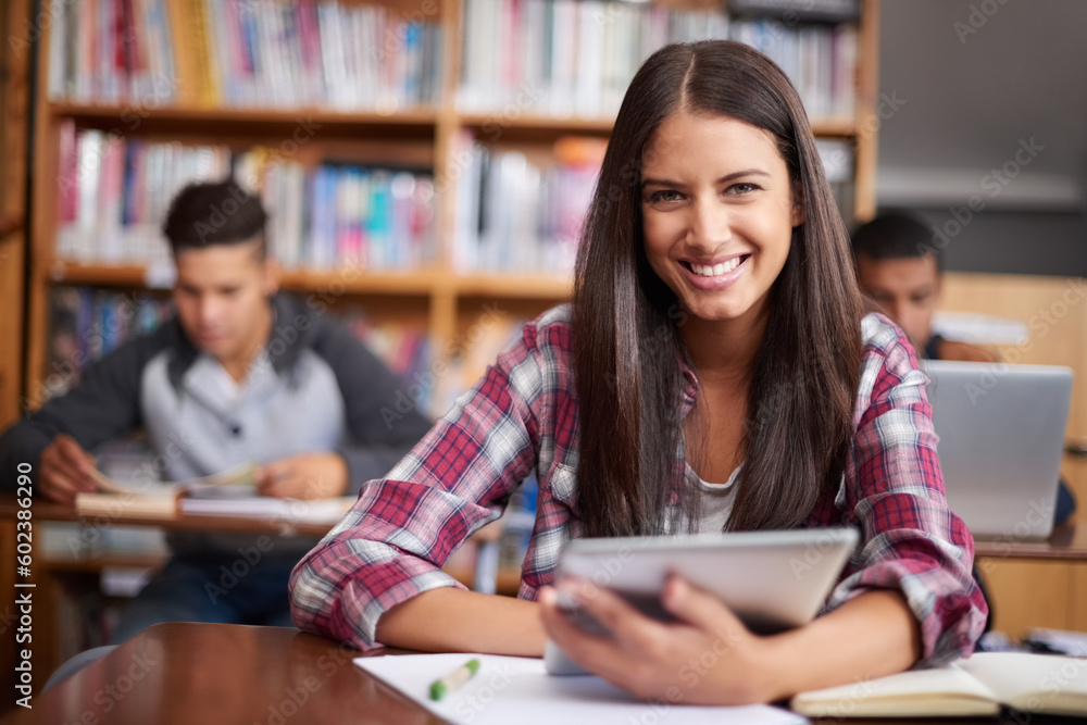 © Hova/peopleimages.com - University, tablet and portrait of woman in class for online research, studying and learning. Education, school and library for happy female student on digital tech for knowledge, internet or website