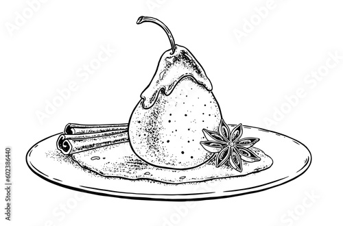 Vector sketch illustration of caramelized pear. Vintage style drawing.