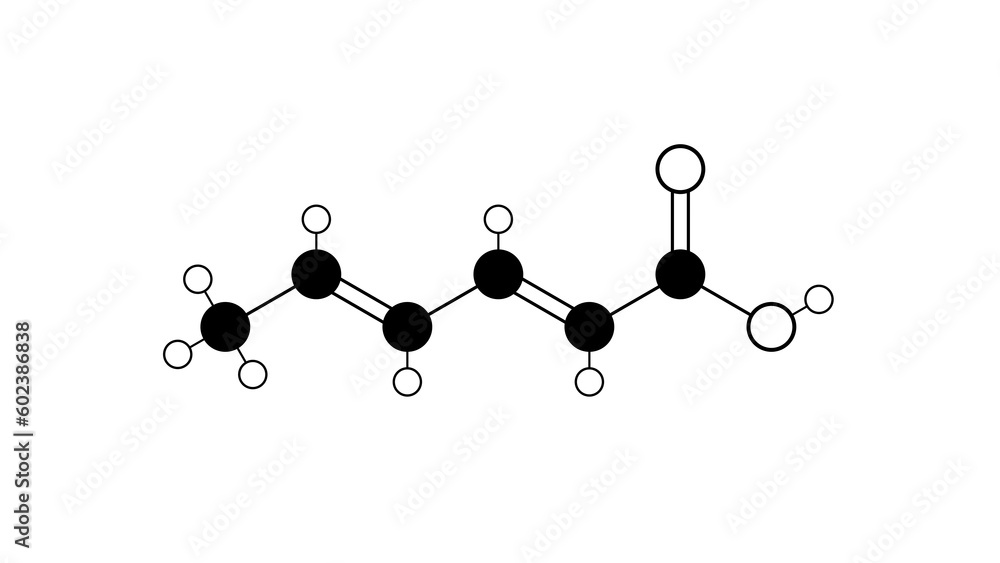sorbic acid molecule, structural chemical formula, ball-and-stick model, isolated image food preservative e200 sorbic acid molecule, structural chemical formula, ball-and-stick model, isolated image food preservative e200