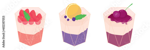 Set of desserts panna cotta in glasses with berries and a layer of jam. Traditional Italian parfait of cream and fruit, vector illustration in cartoon style.