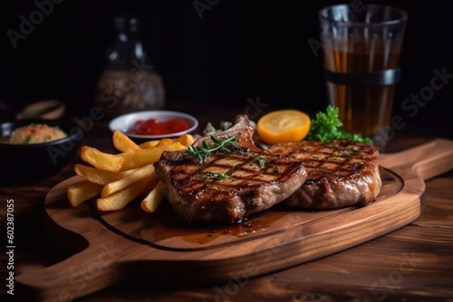 Juicy appetizing steaks on a wooden board. Restaurant serving. Generative AI.