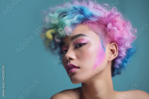 Beautiful asian woman with colorful hair on a pastel background. Generative AI illustration