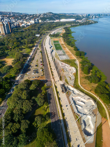 Aerial view of guaiba lake and Porto Alegre