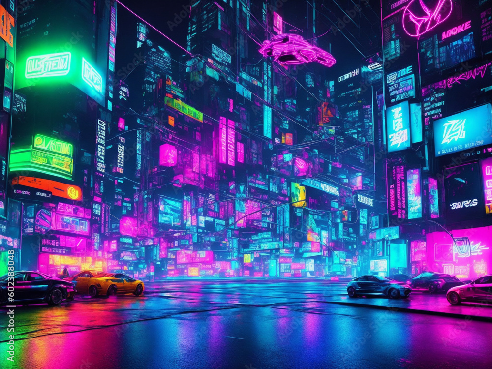 Futuristic glowing neon cyberpunk city street  perspective view background illustration created with generative AI technology