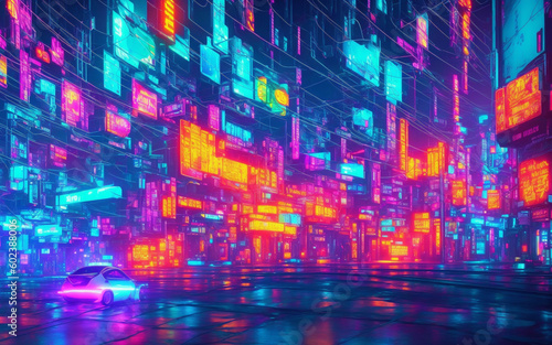 Futuristic glowing neon cyberpunk city street perspective view background illustration created with generative AI technology