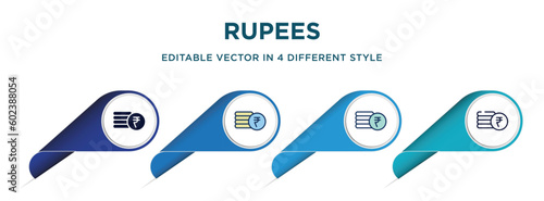rupees icon in 4 different styles such as filled, color, glyph, colorful, lineal color. set of vector for web, mobile, ui