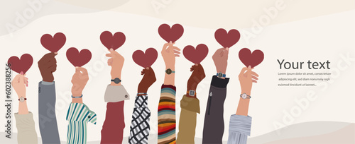 Group raised hands. Diverse people holding a heart. Charitable donation and volunteer work. Support and assistance. Multicultural and multiethnic community. People diversity. NGO. Aid