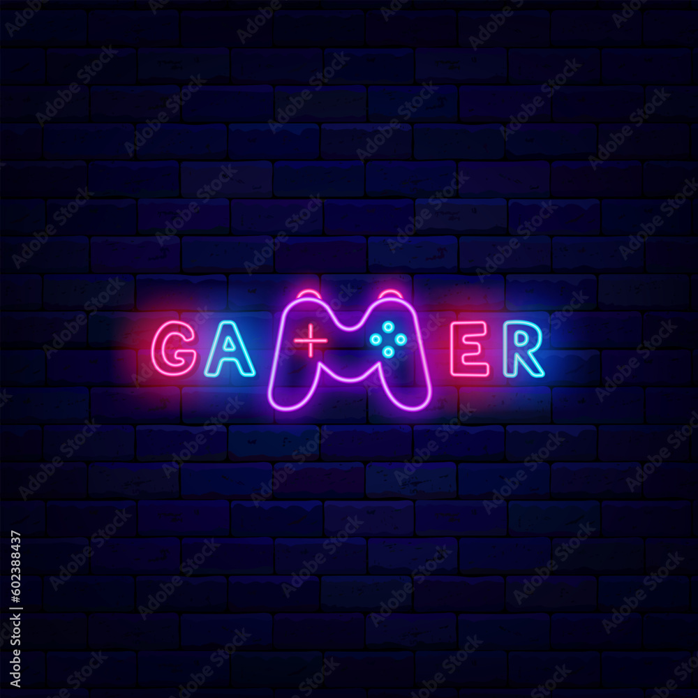Gamer neon sign on brick wall. Light label. Inscription with joystick icon. Glowing advertising. Vector illustration
