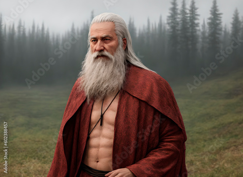 Portrait of a senior man with long gray hair and beard in a red cloak in the forest. Generative AI.