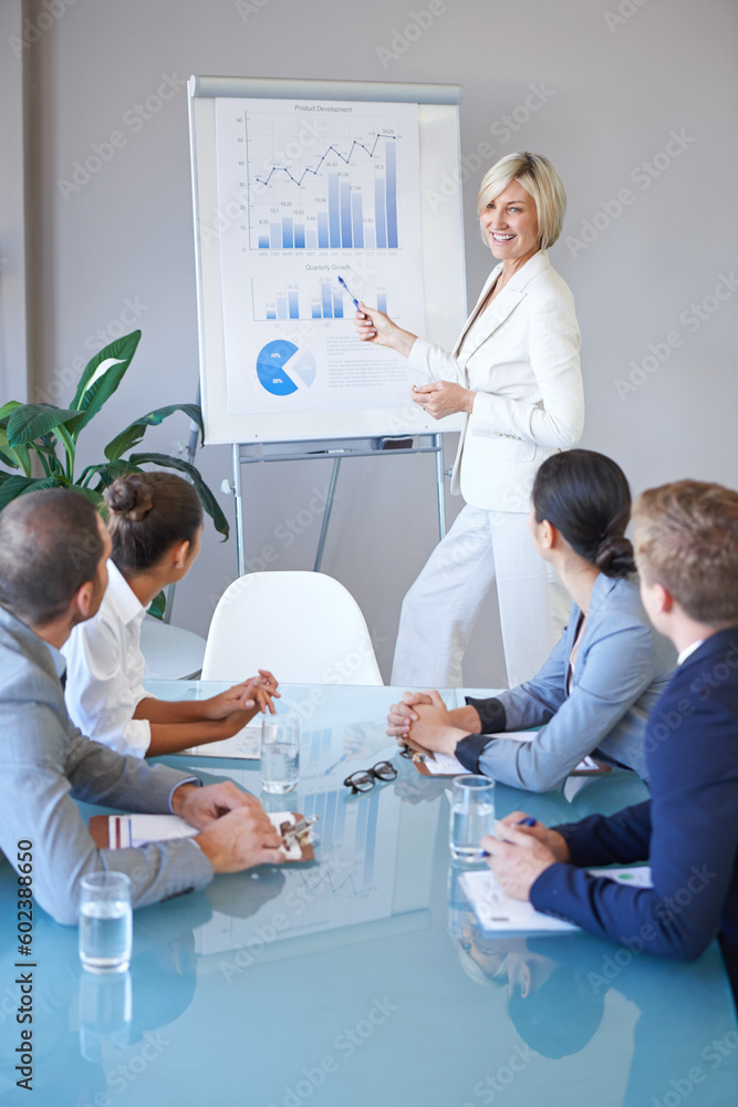 Obraz premium Business people in a meeting, presentation with data analytics and woman speaker, leadership and graphs. Analysis of research in seminar in conference room with corporate group in collaboration