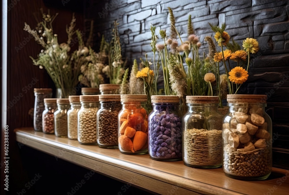 several jars displaying natural materials and flowers, generative ai