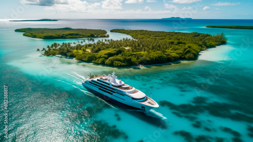 A beautiful luxury yacht is anchored in a lagoon during a summer vacation cruise on the ocean. A beautiful way to travel the world (generative AI) © jonathon