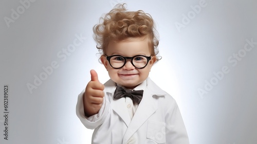 A happy baby dressed as a scientist posing with a thumbs up on a white studio background, Generative AI